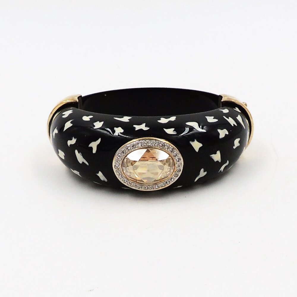 Vintage 1980s Italian Black Spotted Rhinestone Cuff Bracelet - Picture 7 of 11